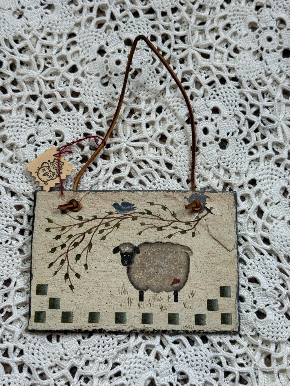Primitive Cream and Brown Sheep Folk Art Plaque